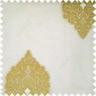 Yellow cream color traditional decorative designs big damask patterns swirls small circles texture finished polyester transparent fabric sheer curtain